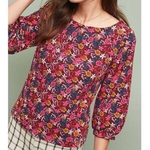 Anthropologie Maeve Decatur Textured Floral Print 3/4 Sleeve Top Size Small